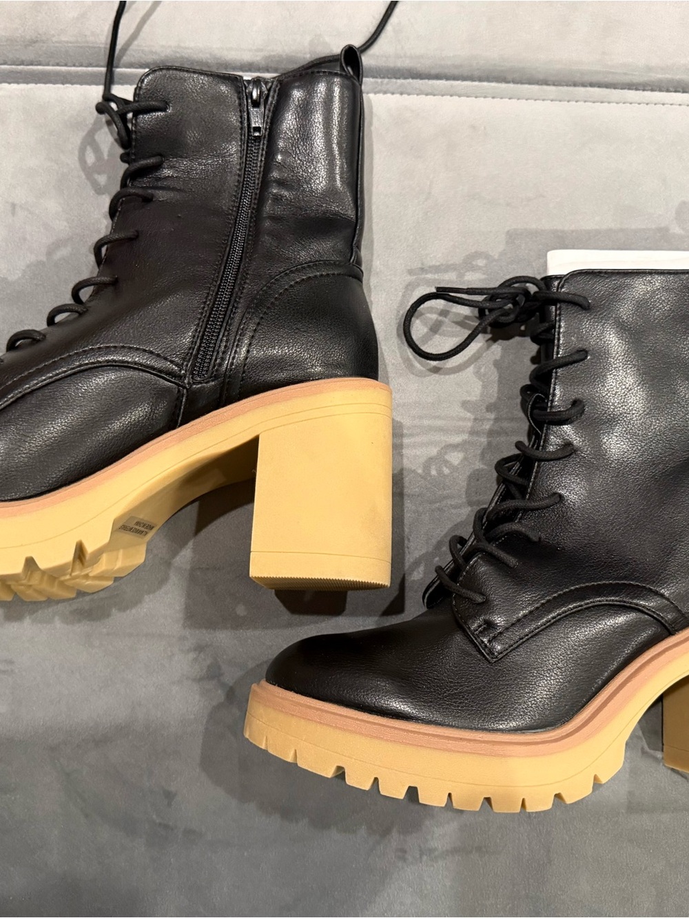 Jacob Black Leather Lace-Up Block Heel Boots with Contrasting Tan Platform